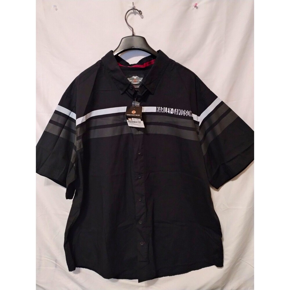 NWT Harley Davidson Mens 3XL Black Striped Short Sleeve Button Up Garage Shirt